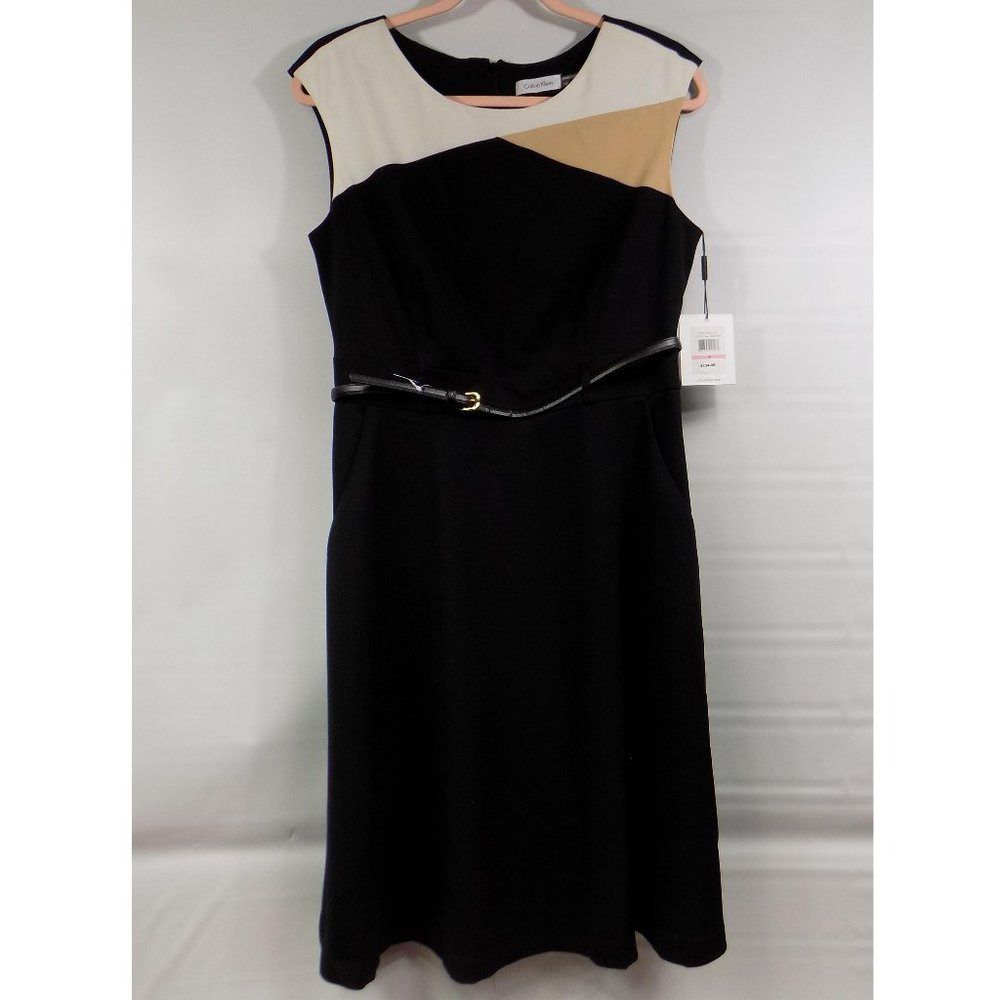 Calvin Klein Sleeveless Zip Back Belted Dress Black/Tan/White Size 10 NWT - Picture 1 of 13